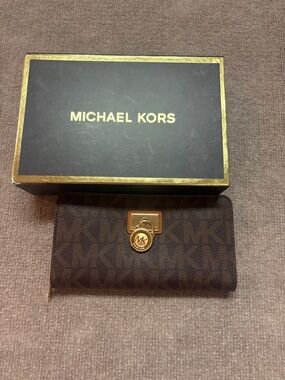 Michael Kors Dark Brown MK Monogram Continental Wallet with Gold Charm